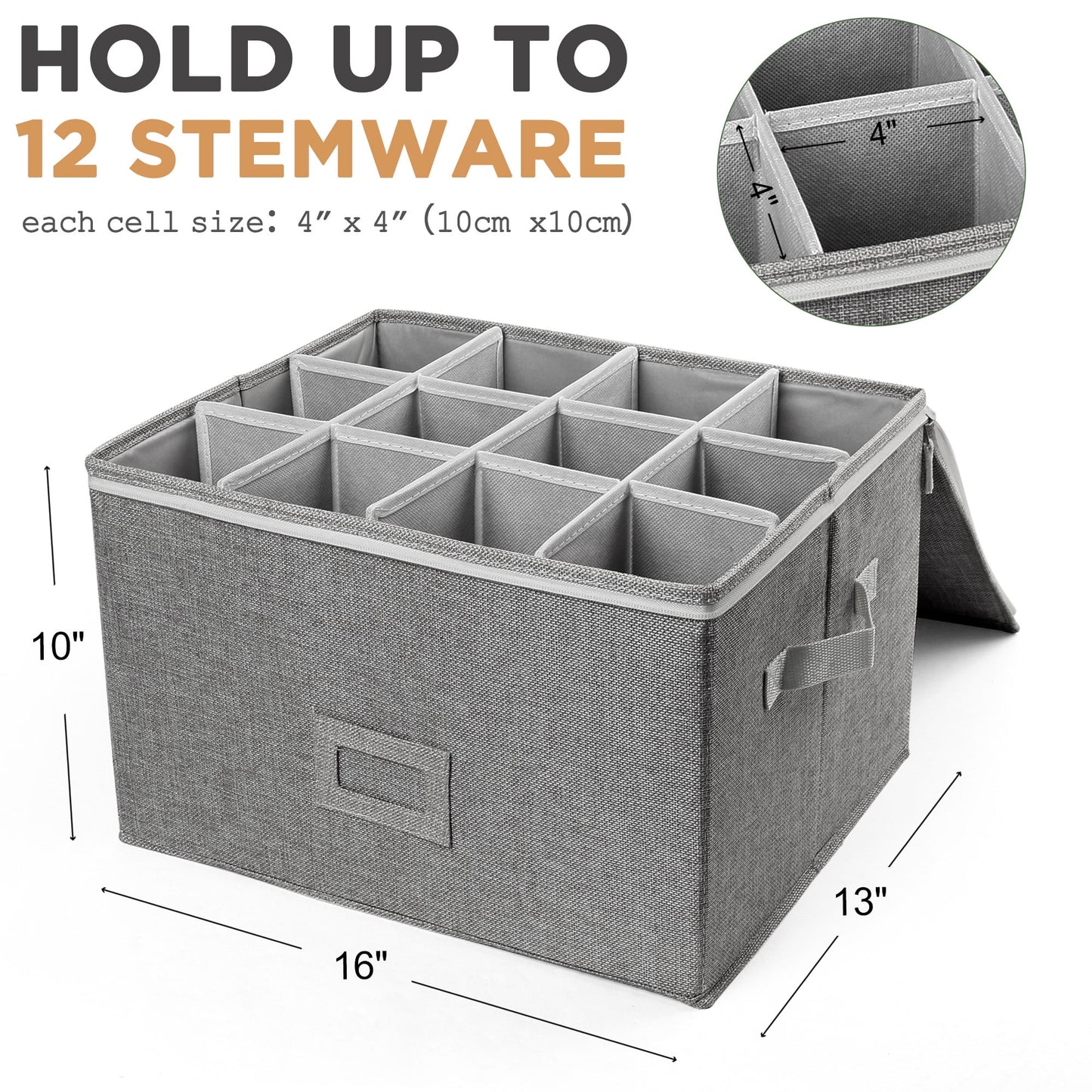 Stemware Storage Container, Quilted Linen Stackable Wine Glass Storage Box,Hard Shell,Grey