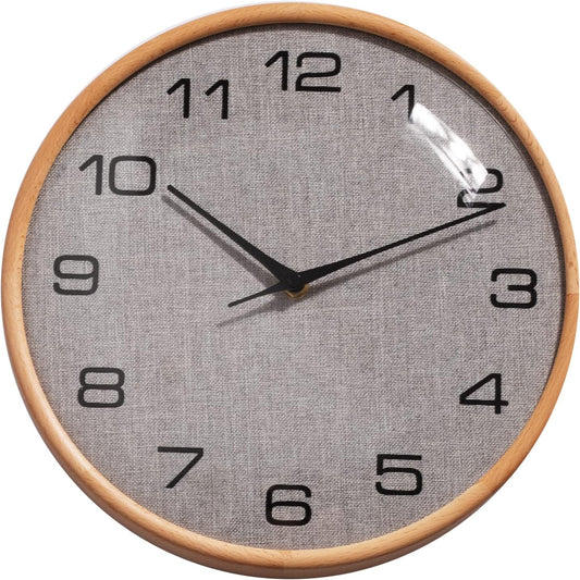 12-Inch Wall Clock, Wooden Frame Wall Clock, Fine Wooden Frame and Linen Wall Clock, Battery-Powered, Silent Wall Clock, Home/Office/School Clock（Gray