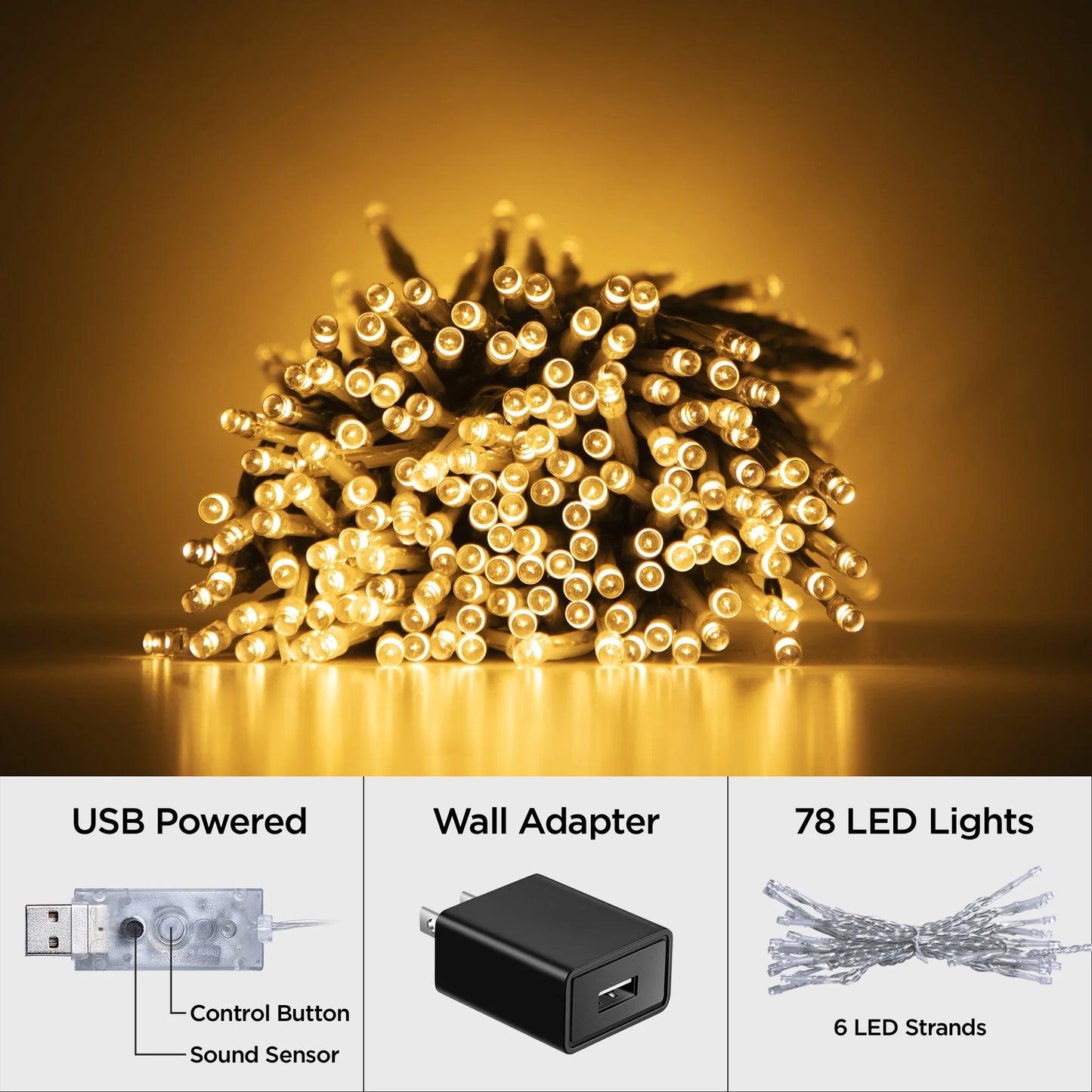 Curtain Lights, Warm White Leds, Sound Activated, Remote Control, Power Adapter