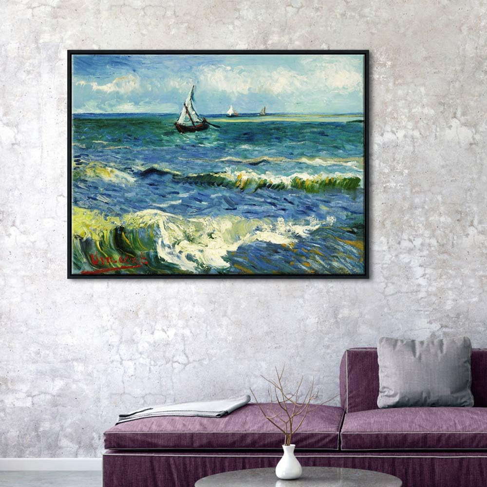 Framed Art Prints Seascape at Saintes Maries by Vincent Van Gogh Modern Canvas Prints Sea Pictures on Canvas Wall Art for Living Room Home Decorations Black Frame