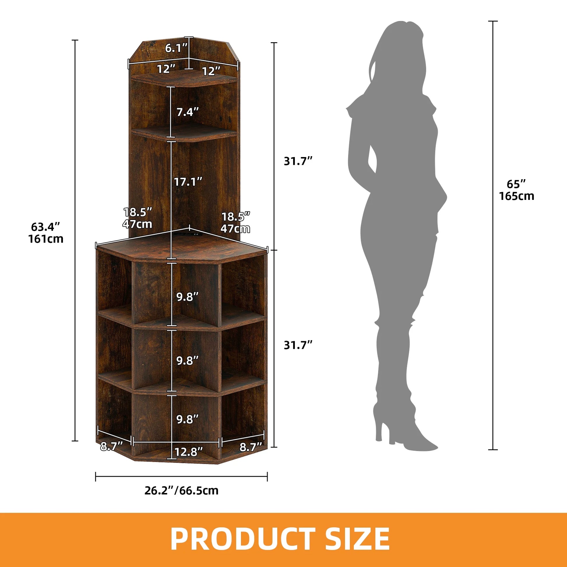 5-Tier Corner Shelf with 9 Cube, Wooden Display Bookcases Bookshelf with USB Ports, Brown