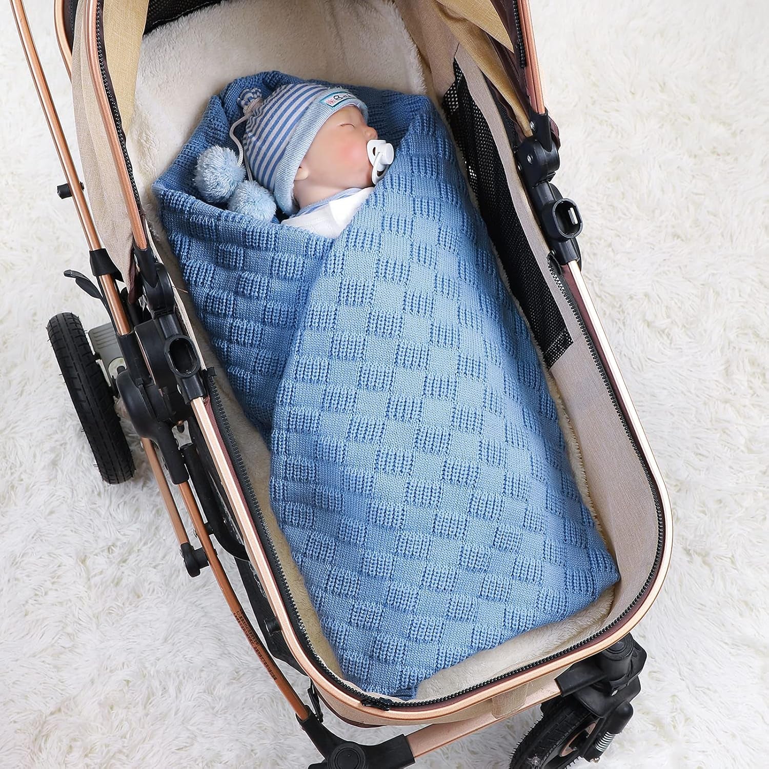 Baby Crochet Blanket Blue Knit Baby Blanket Waffle Weave Cellular Newborn Swaddle Receiving Cable Knit Blanket for Boys and Girls Gender Neutral Blankets 40X30 Inches