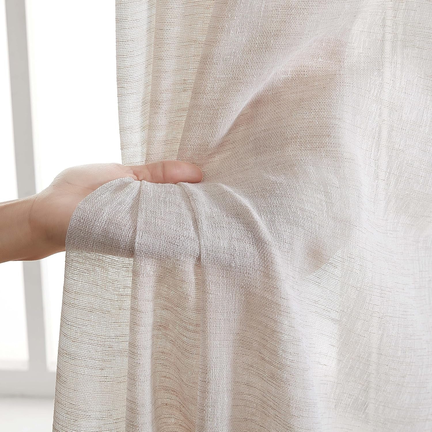 Penelope - Beige Sheer Curtains - Faux Linen Curtains, Semi Sheer Privacy Sun Light Filtering Transparent Window Curtains Drapery Panels for Bedroom & Living Room, 2 Panels (54 W X 84 L, Beige)