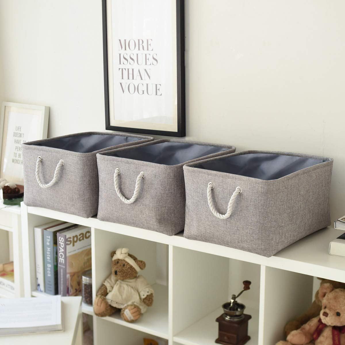 Fabric Storage Baskets [3-Pack] Dog Toy Baskets, Decorative Baskets with Handles,Collapsible Baskets for Organizing, Storage Baskets for Shelves, Toys, Clothes, Office (Grey)