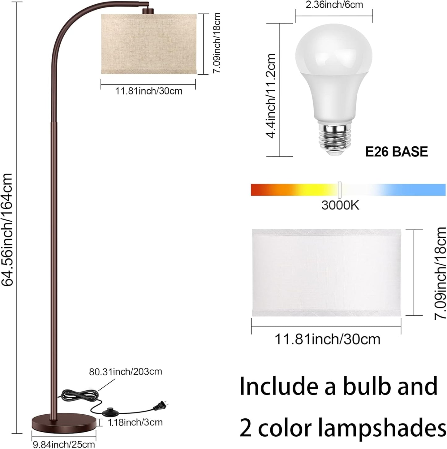 ROTTONEGGON Floor Lamp for Living Room, Oil-Rubbed Bronze LED Standing Lamp with 2 Lamp Shades (Beige/White), Tall Reading Lamp for Bedroom Study