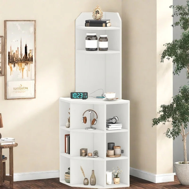 5-Tier Corner Shelf with 9 Cube, Wooden Display Bookcases Bookshelf with USB Ports, White