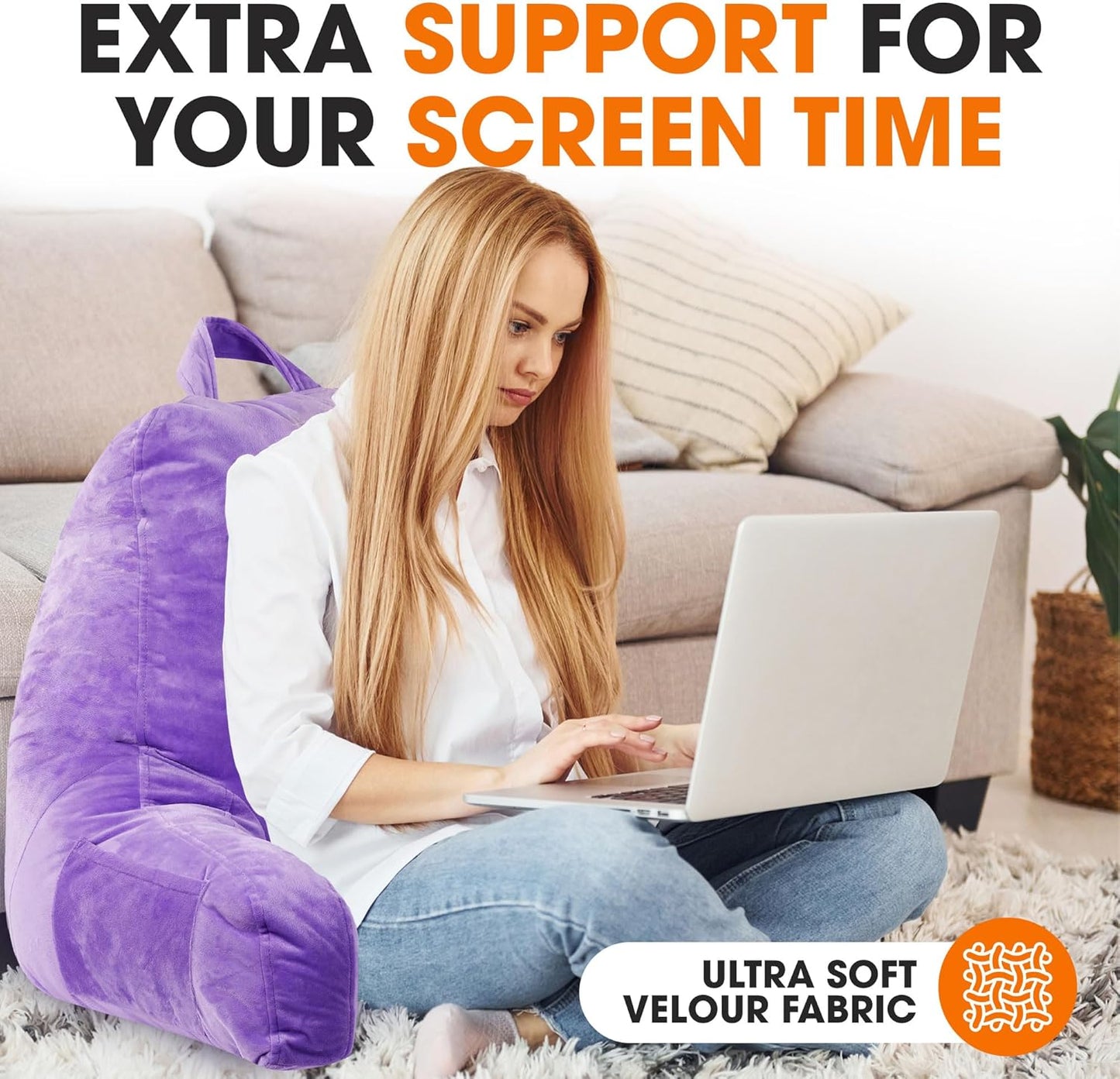 Reading Pillow with Arms – Portable Bed Pillow for Sitting up & Support, Foam-Filled Back Rest Pillow for Sitting in Bed & Couch, Machine Washable Purple (Large)