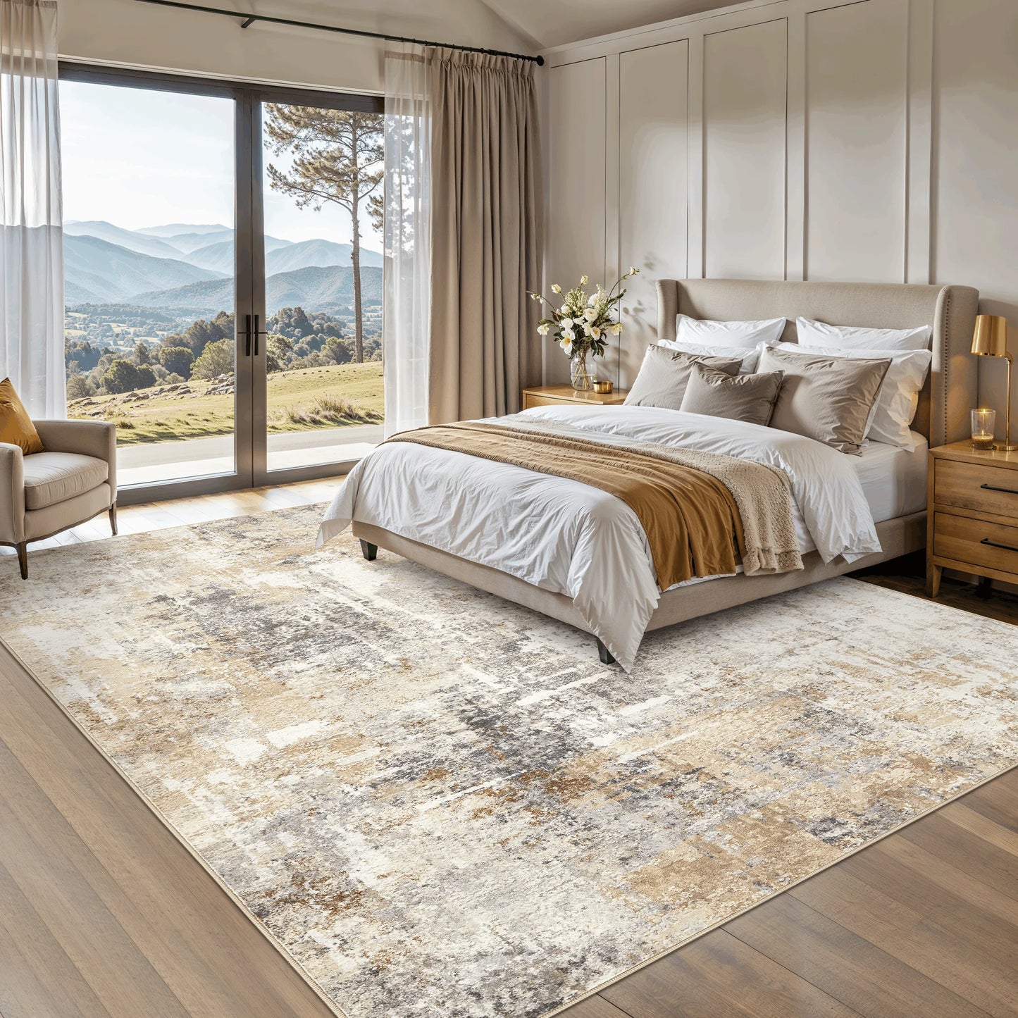 8'X10' Washable Area Rugs for Living Room, Modern Abstract Printed Carpet, Non Slip Indoor Rug for Bedroom Home Decor Carpets, Grey Gold