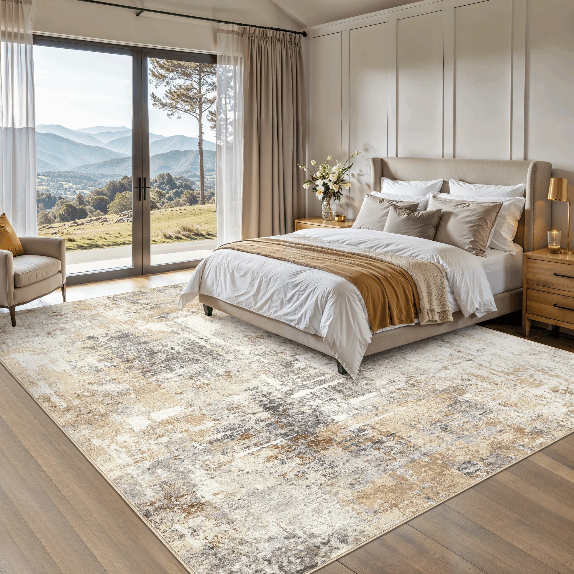 8'X10' Washable Area Rugs for Living Room, Modern Abstract Printed Carpet, Non Slip Indoor Rug for Bedroom Home Decor Carpets, Grey Gold