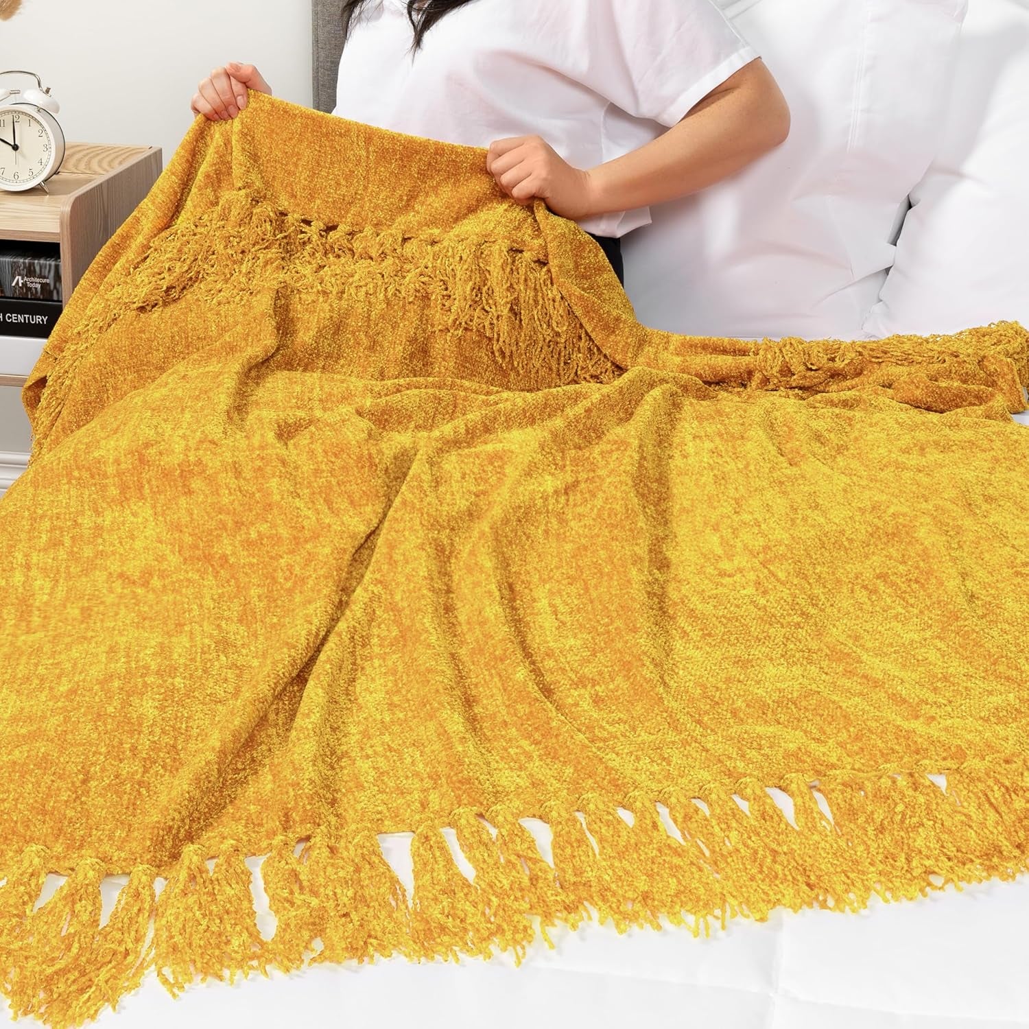 Mustard Yellow Throw Blanket for Couch & Sofa Bed, Soft Knit Woven Gold Blanket with Tassel, Decorative for Chair & Living Room, 50X60