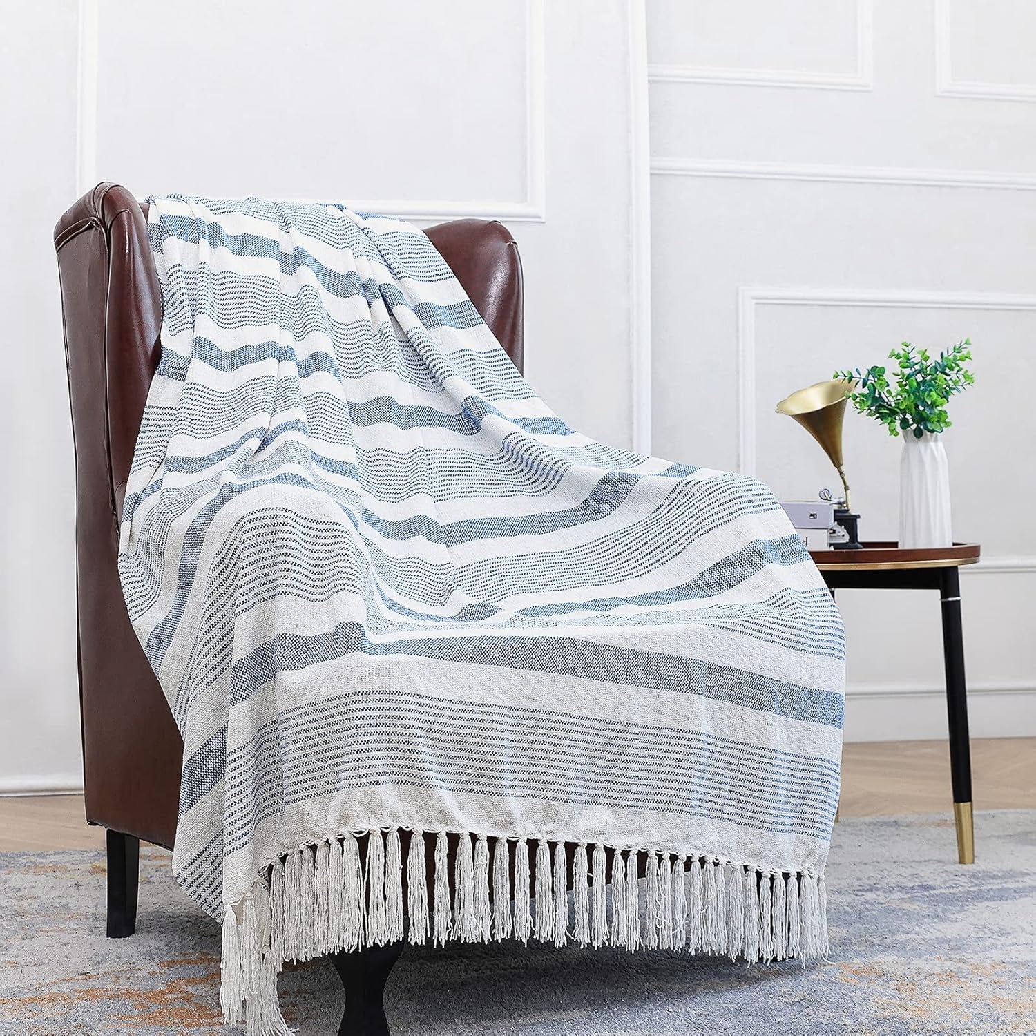 Decorative Blue White Striped Throw with Fringe, Soft Chenille Knitted Farmhouse Lightweight Blanket with Tassels for Couch Sofa Chair Bed Office Home Décor, Blue and Ivory, 50" X 60"