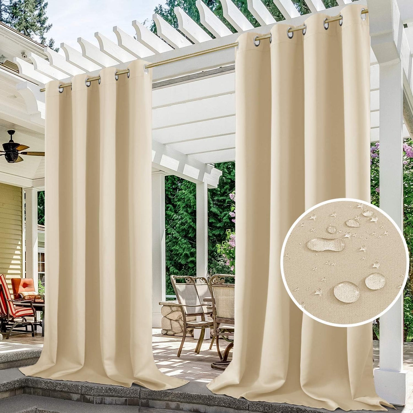 2 Panels Beige Outdoor Curtains, 52 X 108 Inch Blackout Thermal Insulated Waterproof Drapes for Patio, Porch, Yard, Pergola, Sliding Door, Arbor