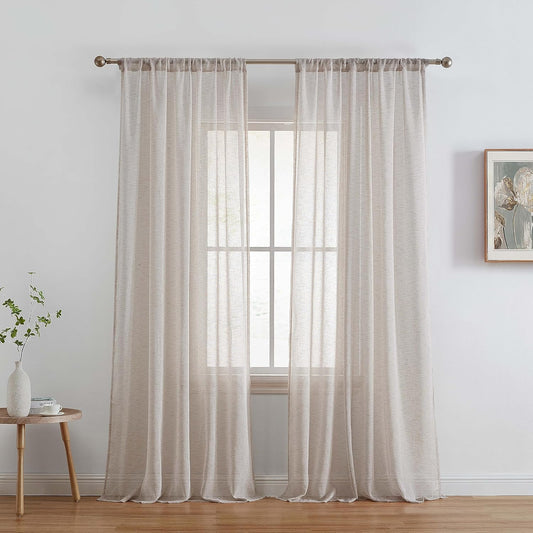 Penelope - Beige Sheer Curtains - Faux Linen Curtains, Semi Sheer Privacy Sun Light Filtering Transparent Window Curtains Drapery Panels for Bedroom & Living Room, 2 Panels (54 W X 84 L, Beige)