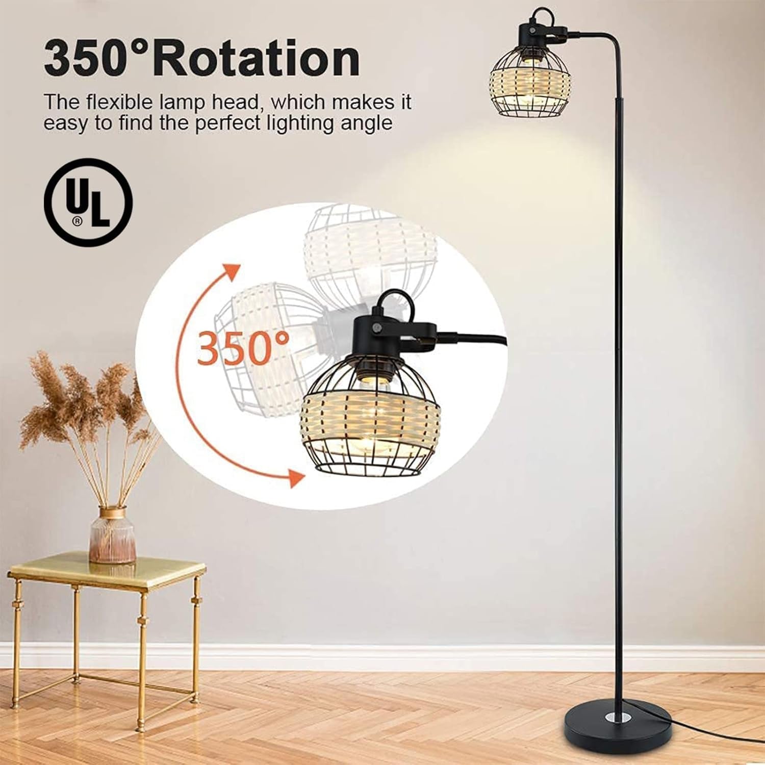 DLLT LED Floor Lamp, Adjustable Head Standing Lamp with Heavy Metal Based, Farmhouse Tall Rattan Floor Lamps Reading Lighting for Living Room, Bedroom, Study Room, Office, 8W 3000K E26 Bulb Included