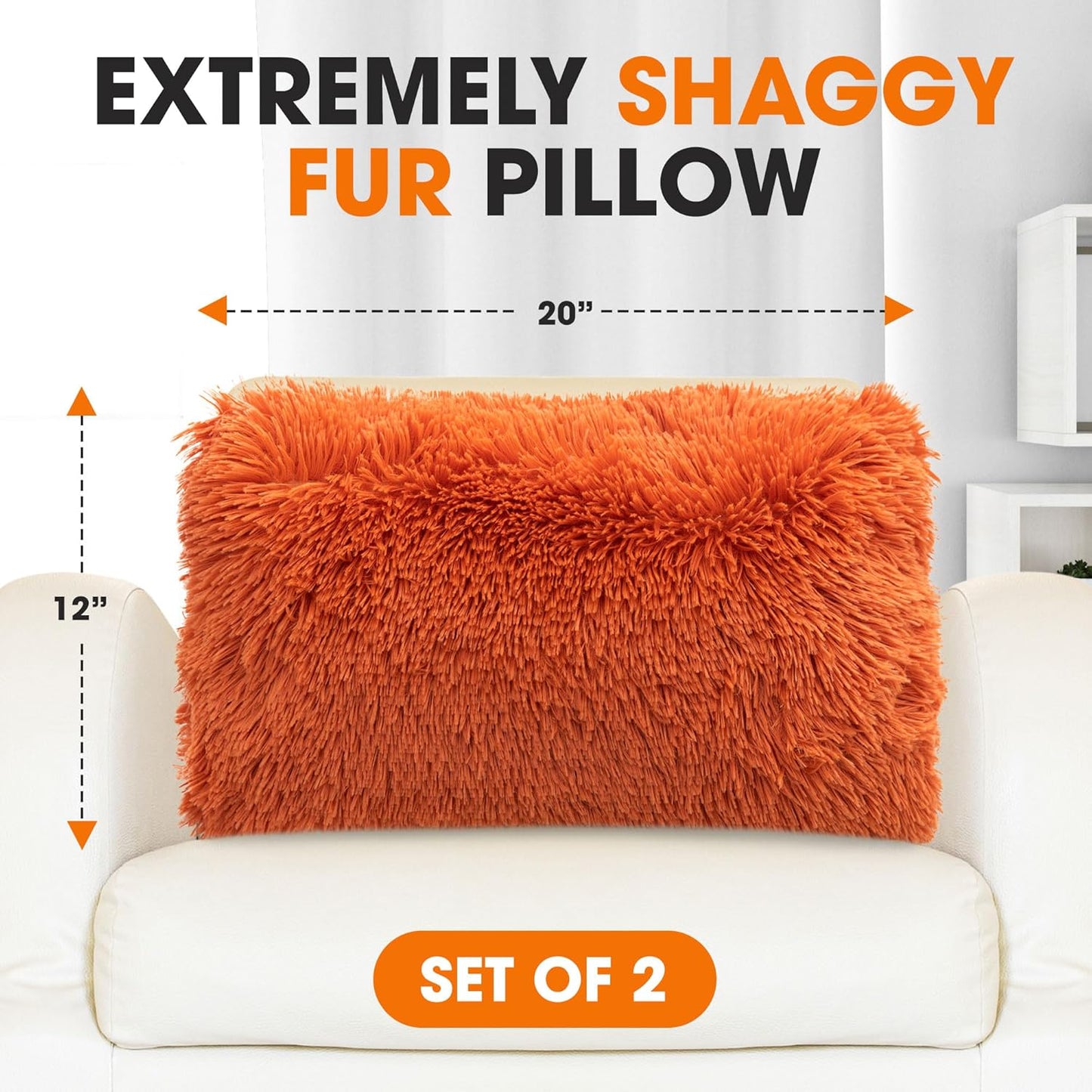 Throw Pillows for Couch and Bed, Soft Shaggy Throw Pillows with Inserts Included, Cozy Long Hair Faux Fur Pillows - Set of 2-12" X 20" - Rust Orange