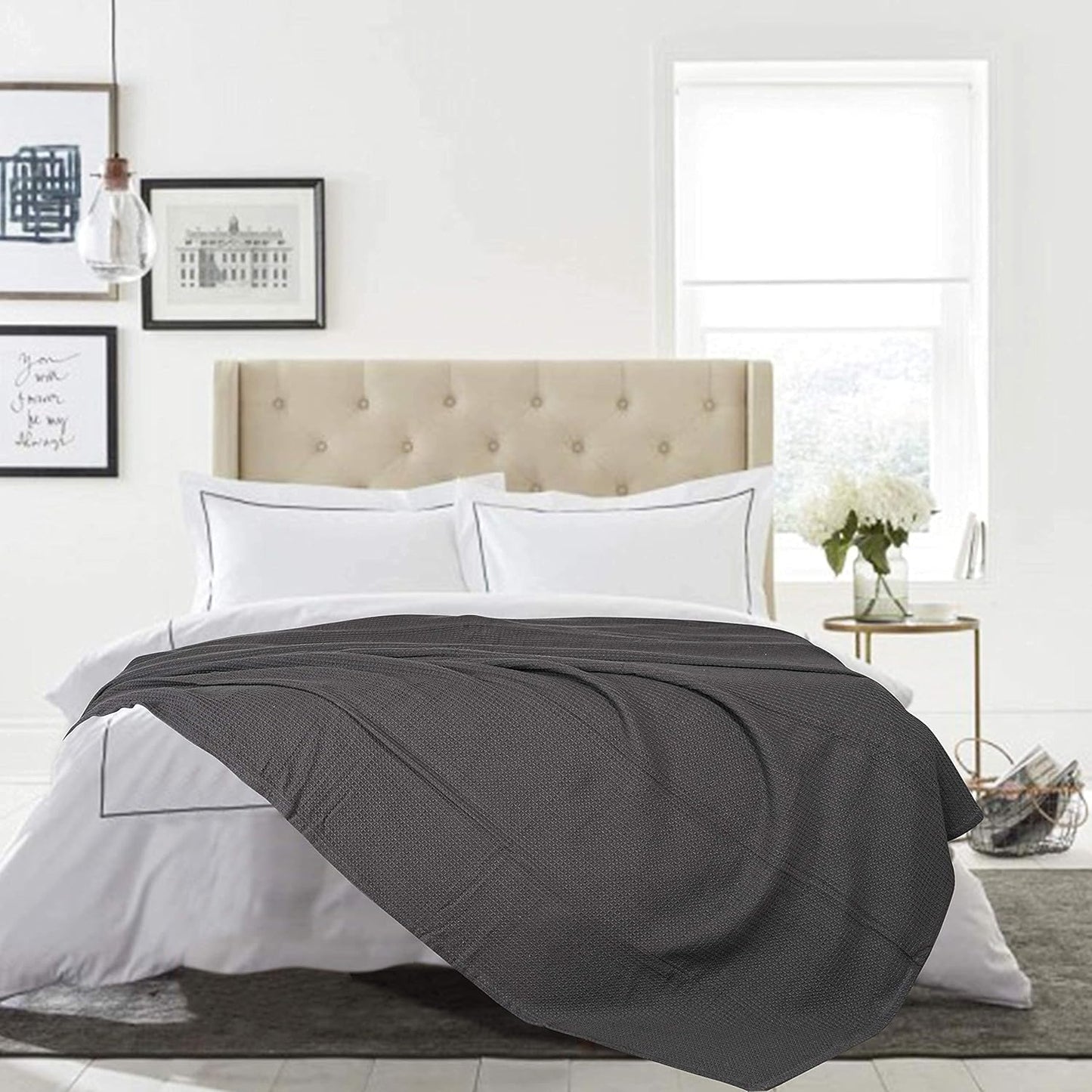 Thermal Cotton Blanket,Twin Blanket,Waffle Weave Blanket,Farmhouse Blanket,Soft Breathable Blanket,Light Picnic Travel Blanket,Oversized Blanket All Season 66X90 Inch Charcoal