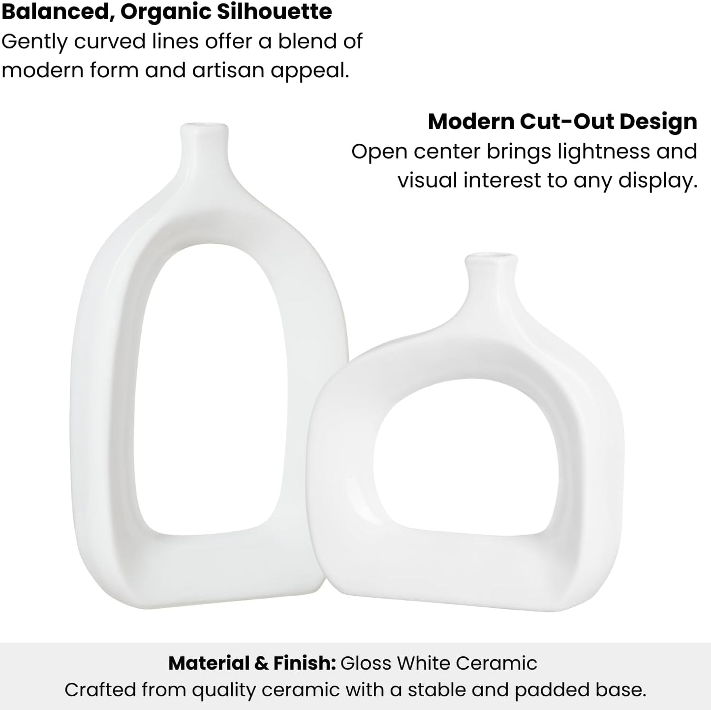 15" Tall Ceramic White Hollow Vase - Abstract White Vase for Modern Home Decor, Handmade Gloss Finish Sculpture Design, Modern Table Decor for Entryway Table, Mantel or Shelf (Open)