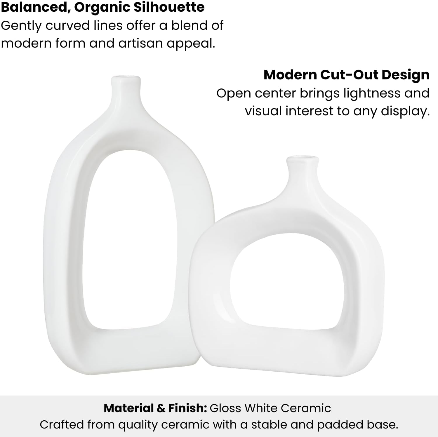 15" Tall Ceramic White Hollow Vase - Abstract White Vase for Modern Home Decor, Handmade Gloss Finish Sculpture Design, Modern Table Decor for Entryway Table, Mantel or Shelf (Open)