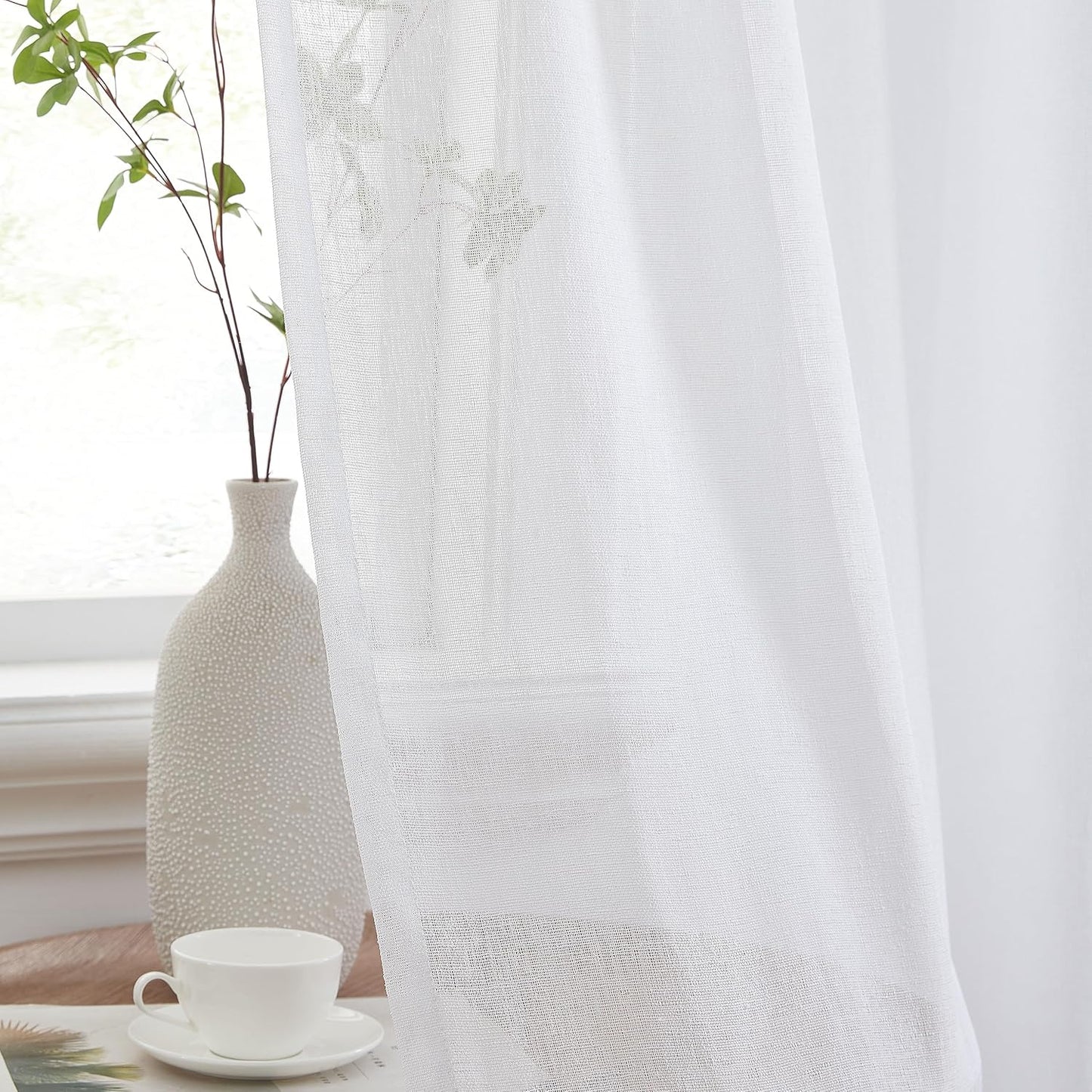 Penelope Faux Linen Textured Semi Sheer Privacy Sun Light Filtering Transparent Window Pocket Hole Thick Curtains Drapery Panels for Bedroom & Short Windows, 2 Panels (54 W X 54 L, White)