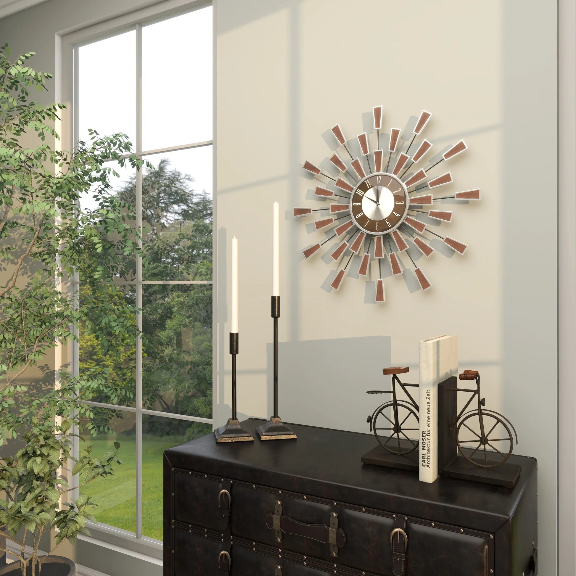 22" Brown Metal Starburst Starburst Wall Clock with Silver Accents