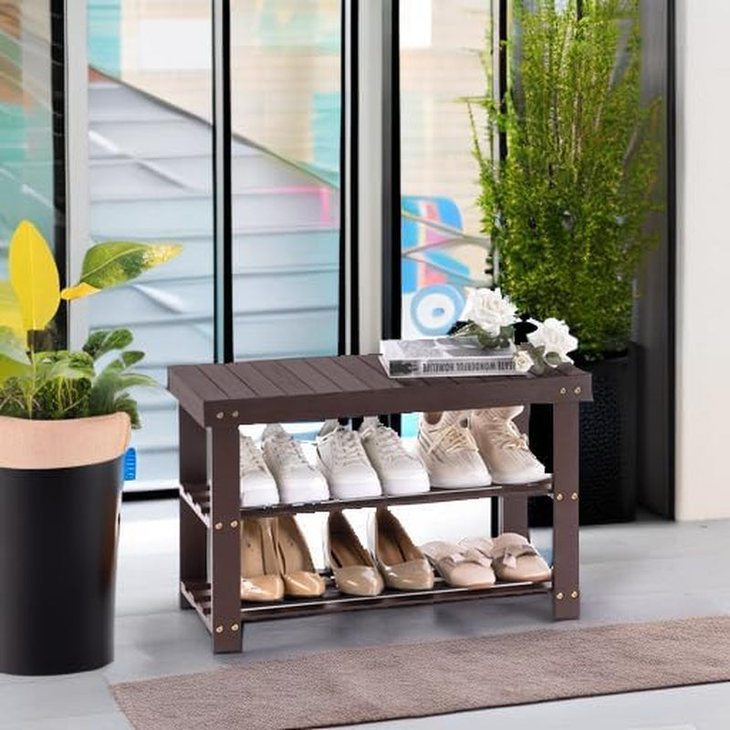 Bamboo Shoe Rack for Entryway, 3-Tier Shoe Rack Bench for Front Indoor Entrance, Small Shoe Organizer with Storage, Dark Brown