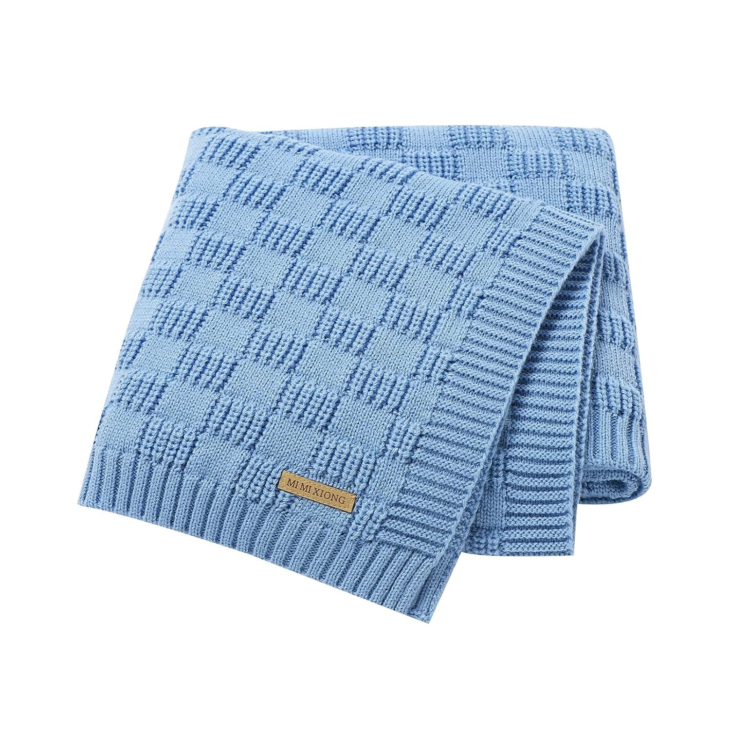 Baby Crochet Blanket Blue Knit Baby Blanket Waffle Weave Cellular Newborn Swaddle Receiving Cable Knit Blanket for Boys and Girls Gender Neutral Blankets 40X30 Inches