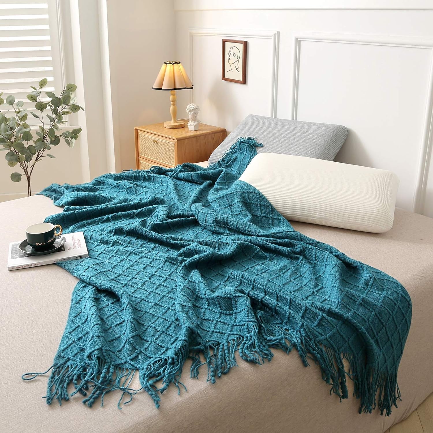 Teal Throw Blankets, Knit Throw Blanket, Boho Throw Blanket for Couch,Bed, Farmhouse Throw Blanket, Lightweight Woven Throw Blanket, Decorative Throw Blanket (50"X60")