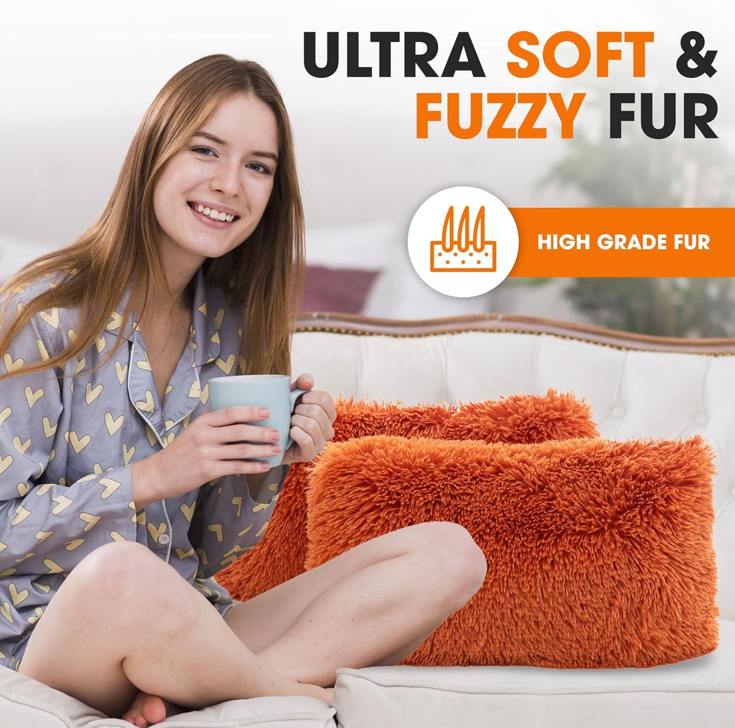 Throw Pillows for Couch and Bed, Soft Shaggy Throw Pillows with Inserts Included, Cozy Long Hair Faux Fur Pillows - Set of 2-12" X 20" - Rust Orange