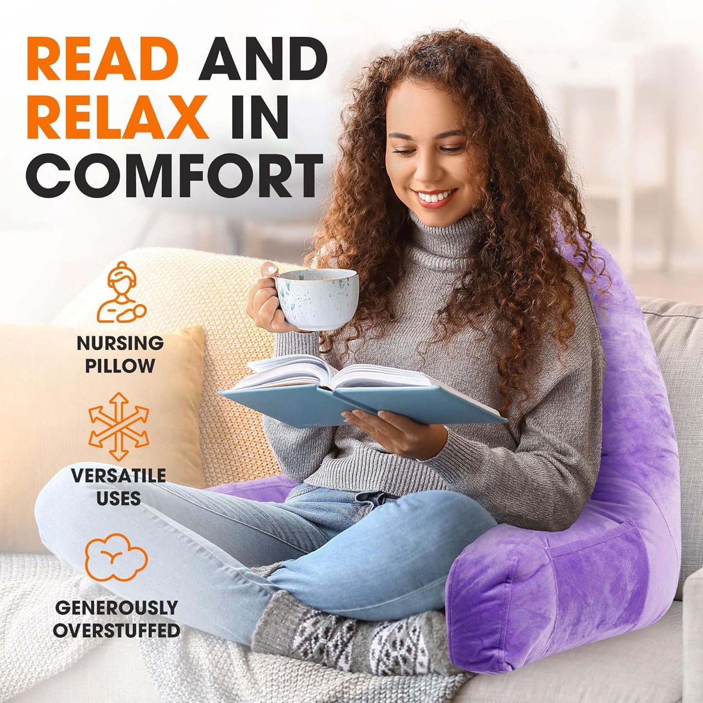 Reading Pillow with Arms – Portable Bed Pillow for Sitting up & Support, Foam-Filled Back Rest Pillow for Sitting in Bed & Couch, Machine Washable Purple (Large)