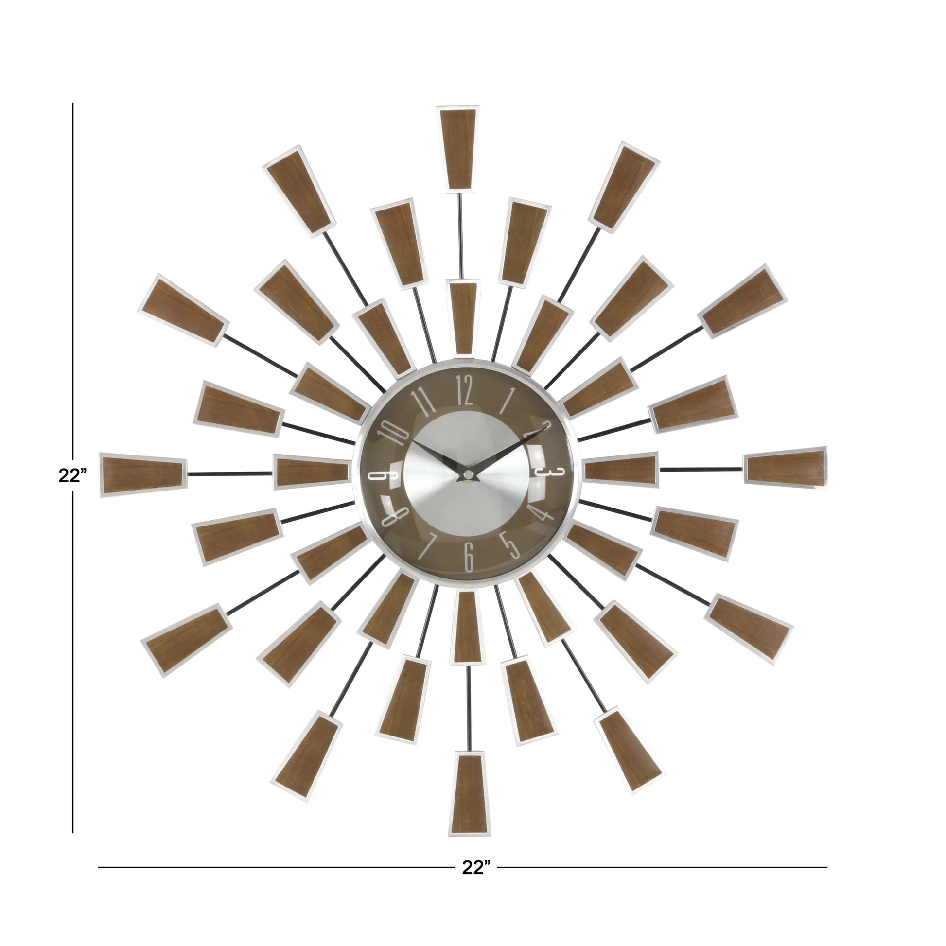 22" Brown Metal Starburst Starburst Wall Clock with Silver Accents