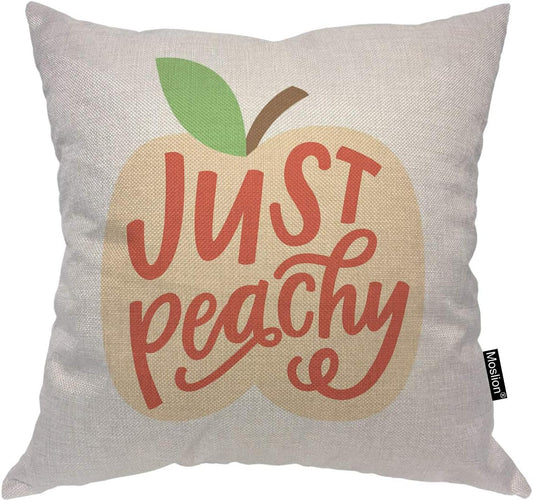 Throw Pillow Cover Peach 18X18 Inch Just Peachy Quote Word Hand Lettering Leaf Fruit Square Pillow Case Cushion Cover for Home Car Decorative Cotton Linen