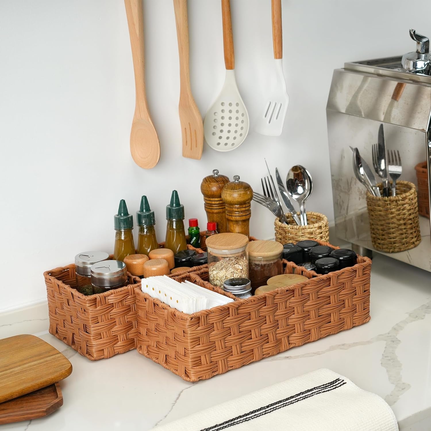 Bathroom Toilet Organizer, Back of Toilet Storage Basket, Waterproof Storage for Shelves, 3 Section Wicker Baskets, Caramel Orange, 2-Pack