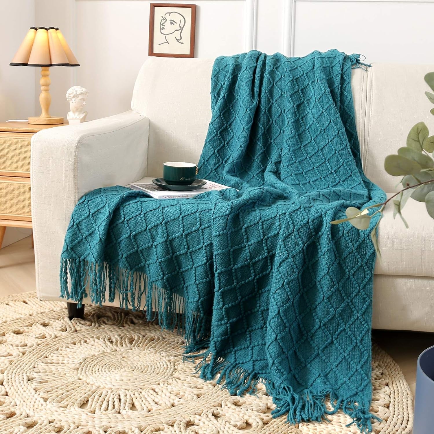Teal Throw Blankets, Knit Throw Blanket, Boho Throw Blanket for Couch,Bed, Farmhouse Throw Blanket, Lightweight Woven Throw Blanket, Decorative Throw Blanket (50"X60")