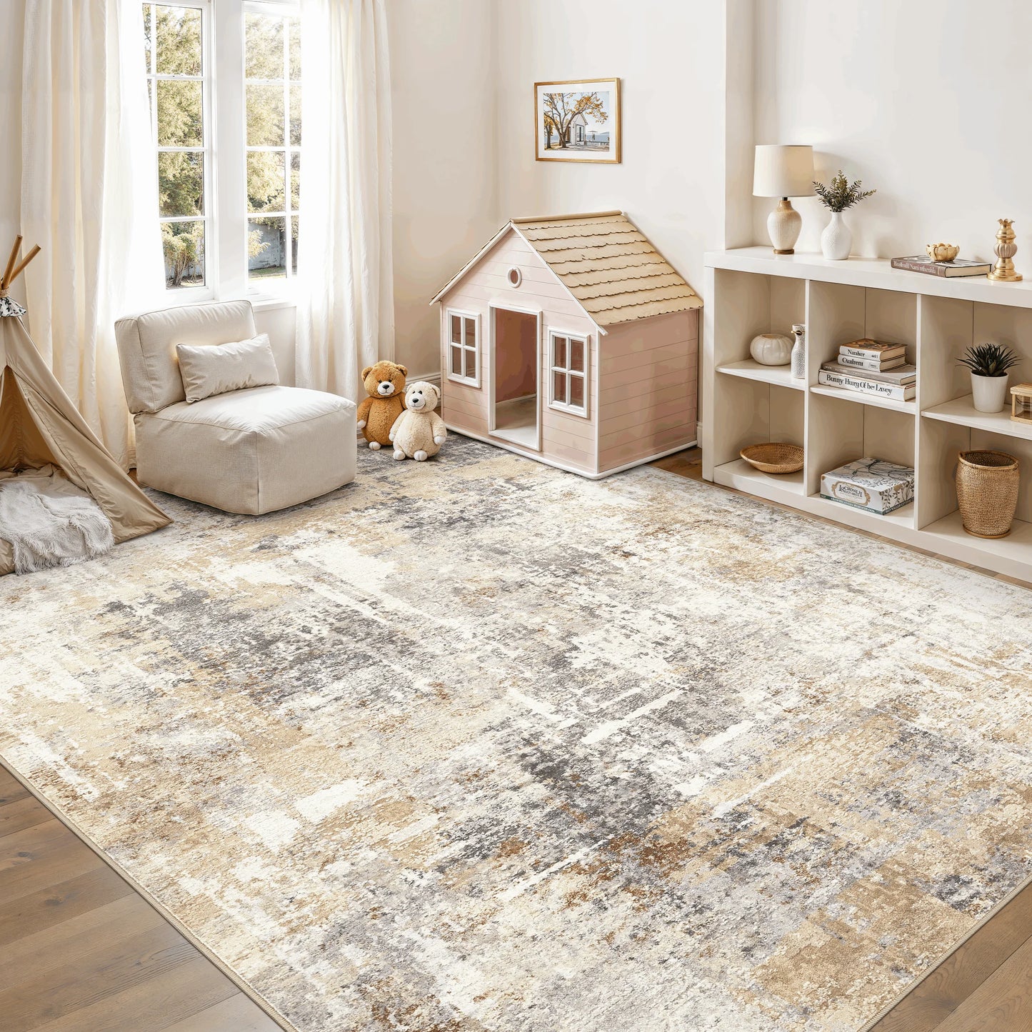 8'X10' Washable Area Rugs for Living Room, Modern Abstract Printed Carpet, Non Slip Indoor Rug for Bedroom Home Decor Carpets, Grey Gold