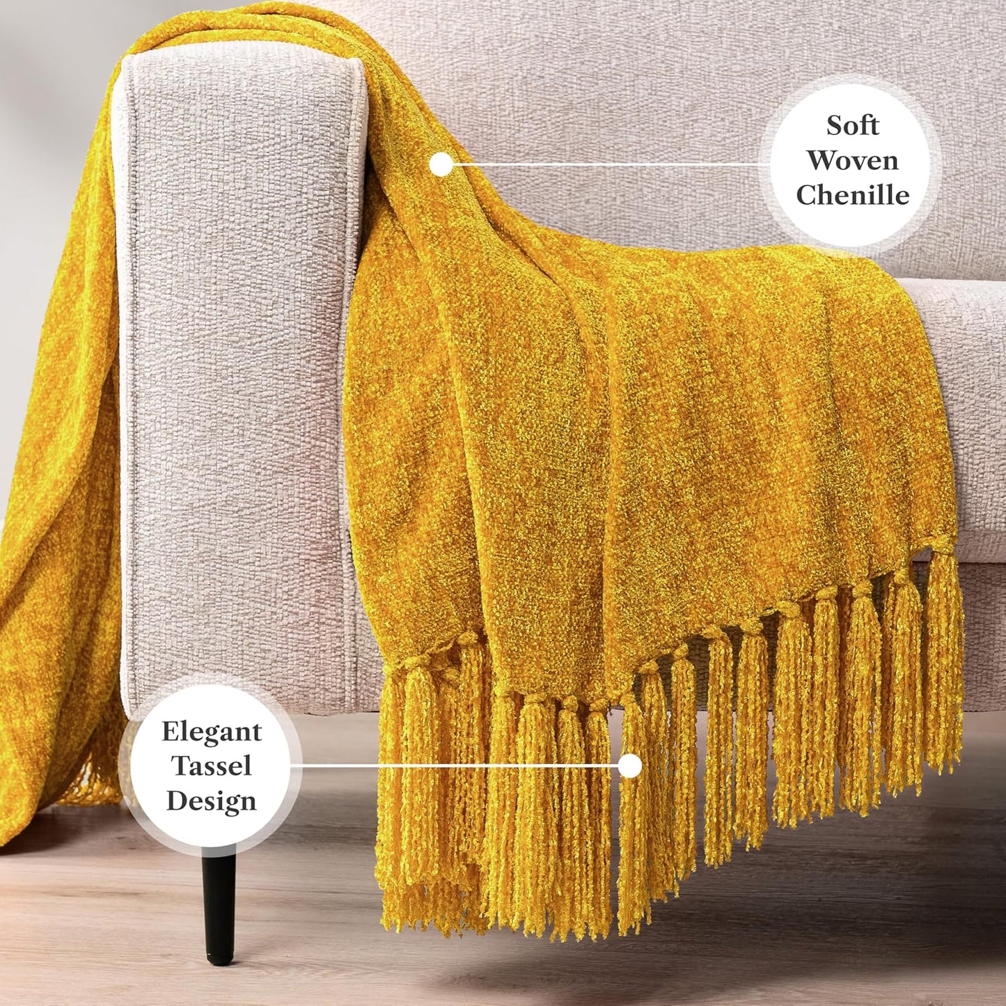 Mustard Yellow Throw Blanket for Couch & Sofa Bed, Soft Knit Woven Gold Blanket with Tassel, Decorative for Chair & Living Room, 50X60