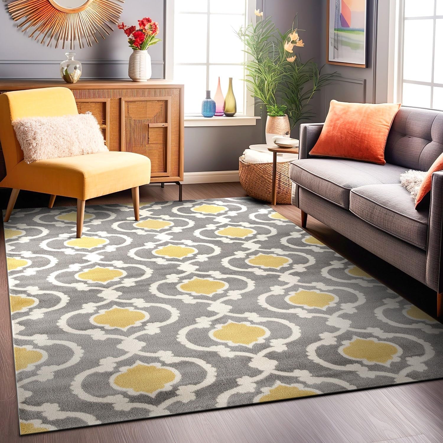 Moroccan Trellis Contemporary Perfect for High Traffic Areas of Your Living Room,Bedroom,Home Office,Kitchen Area Rug 3'3" X 5' Gray/Yellow