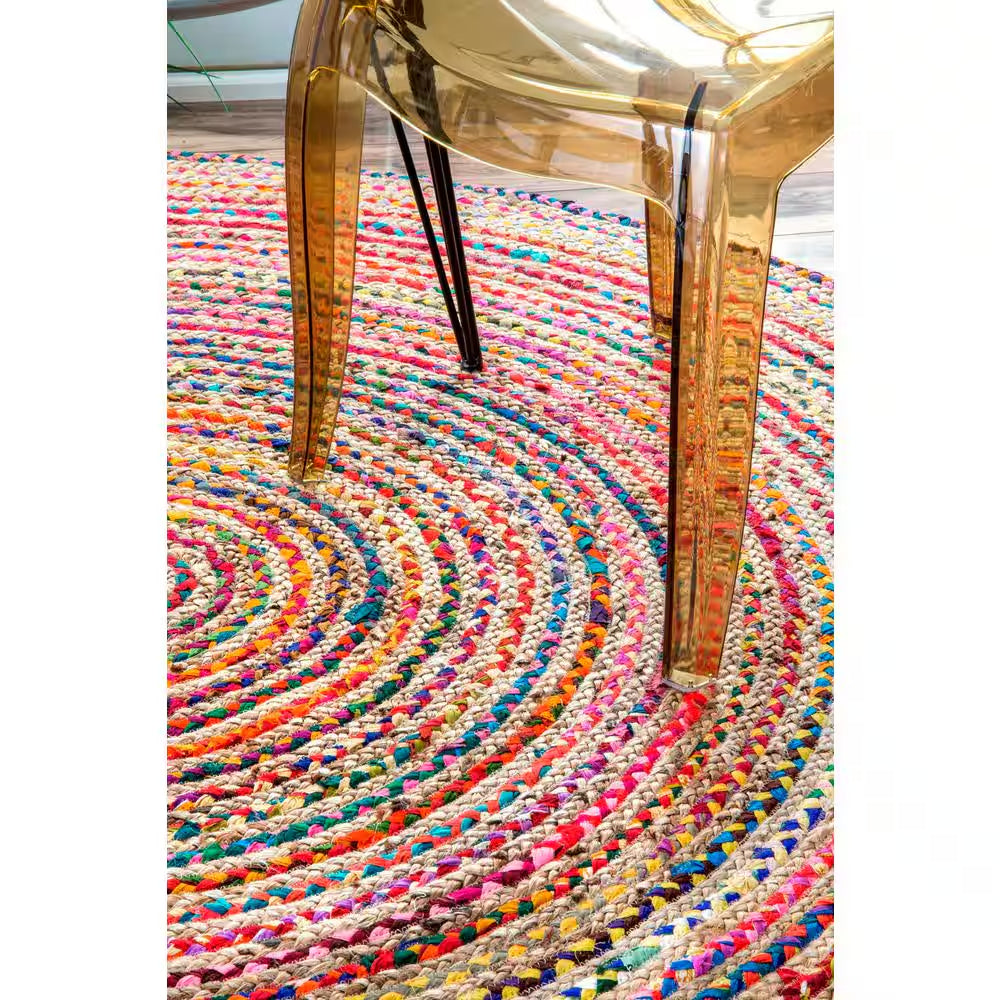 Aleen Bohemian Braided Stripes Jute Multi 8 Ft. X 8 Ft. round Rug