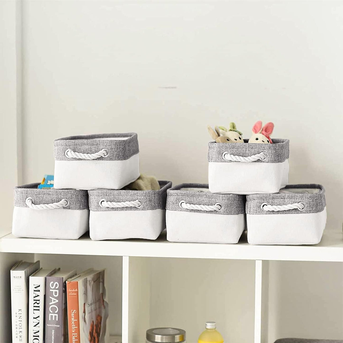 Basket for Organizing Cube Stgorage Bin - Small 6 Pack Fabric Storage Cubes Collapsible Baskets for Shelves with Rope, Bins for Organization Closet Cloth Toy Laundry Canvas (Grey&White 12X8X5.2 Inch)
