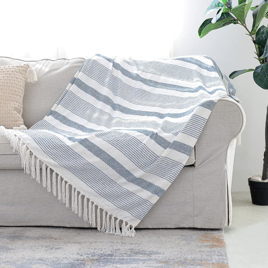 Decorative Blue White Striped Throw with Fringe, Soft Chenille Knitted Farmhouse Lightweight Blanket with Tassels for Couch Sofa Chair Bed Office Home Décor, Blue and Ivory, 50" X 60"