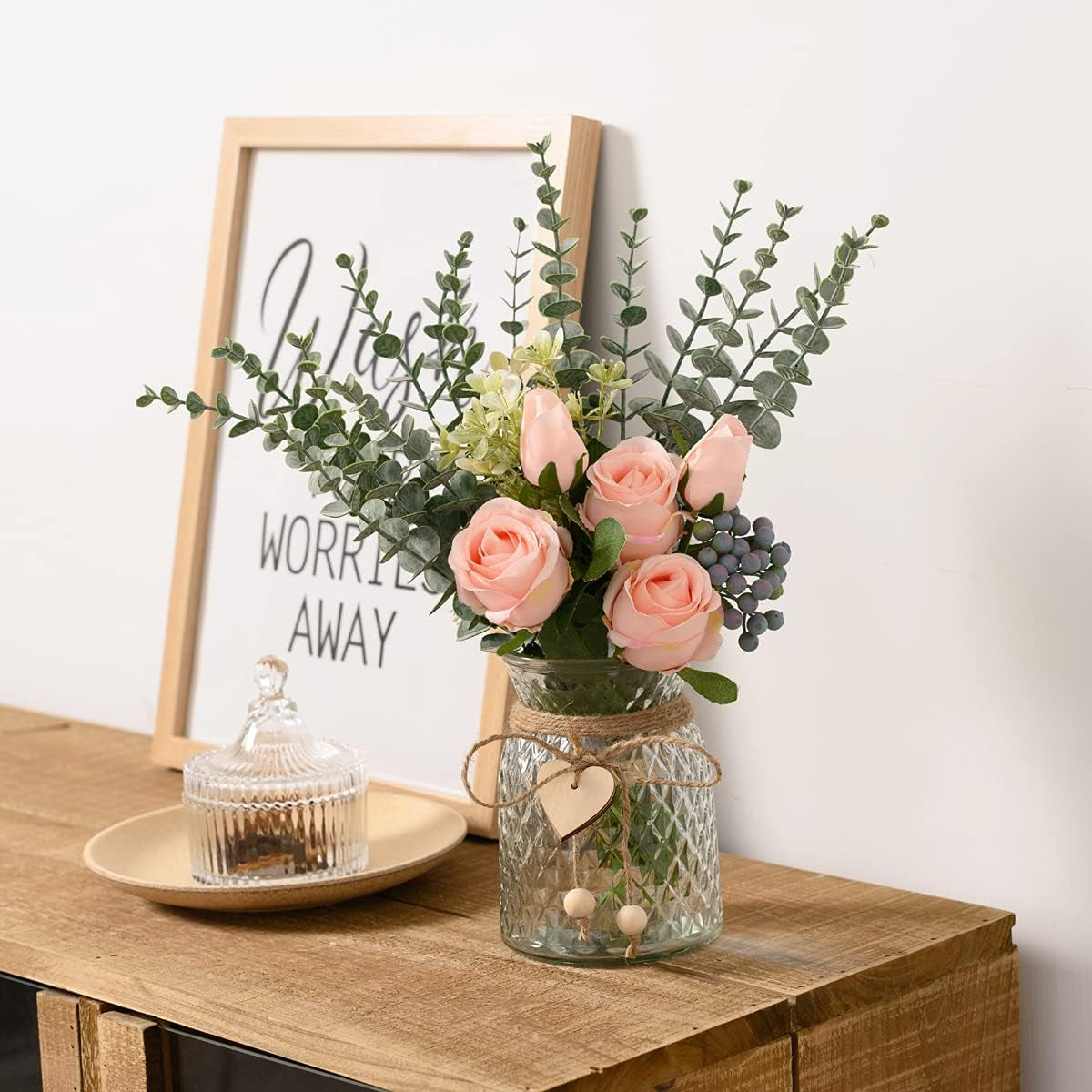 Fake Flowers with Vase, Artificial Flowers Pink Roses in Vase, Flower Arrangement with Vase Suitable for Home Office Decoration, Dining Table Centerpiece (Pink)
