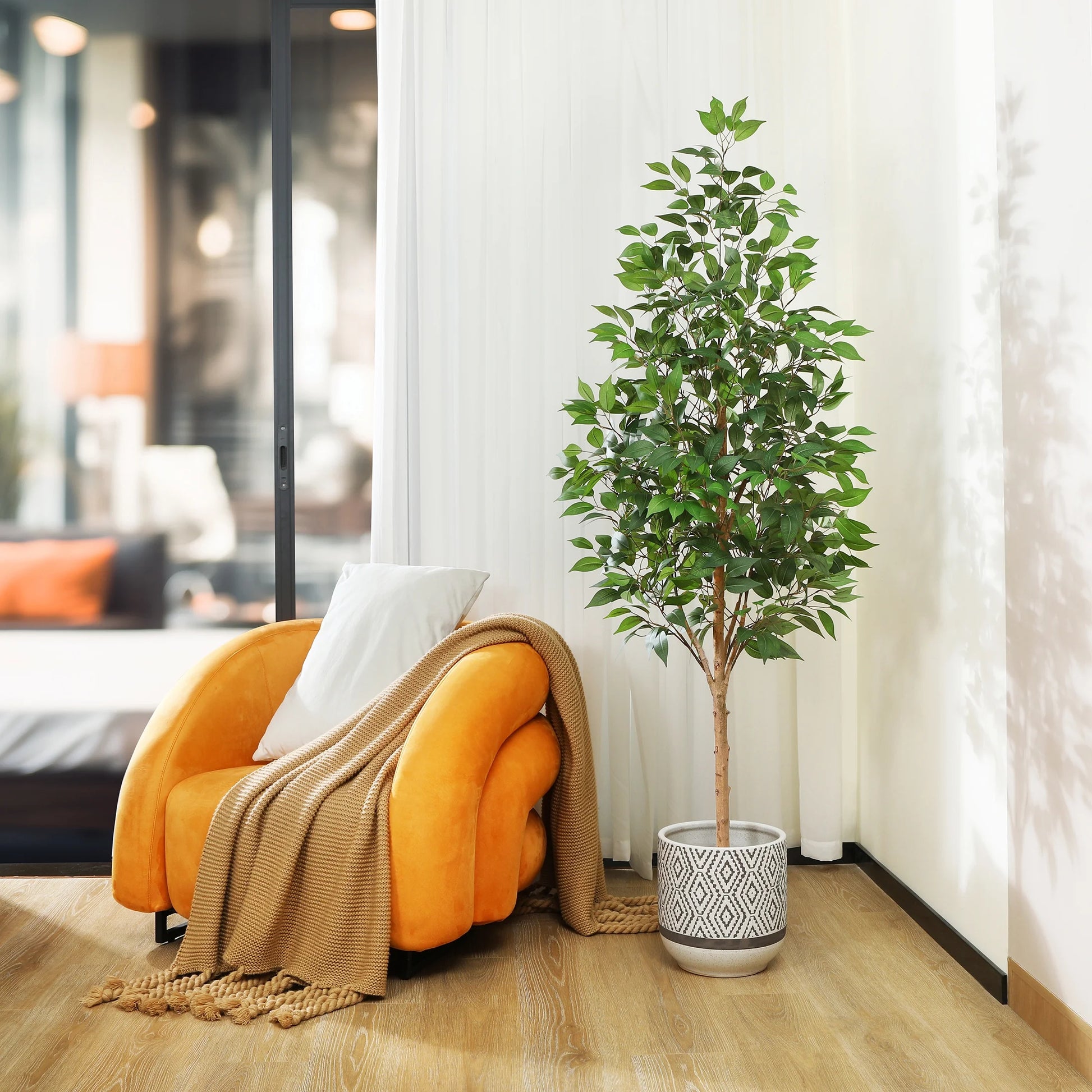 6 Ft Realistic Artificial Ficus Tree in Pot, Natural Trunk, Lush Leaves, Lifelike Faux Tree