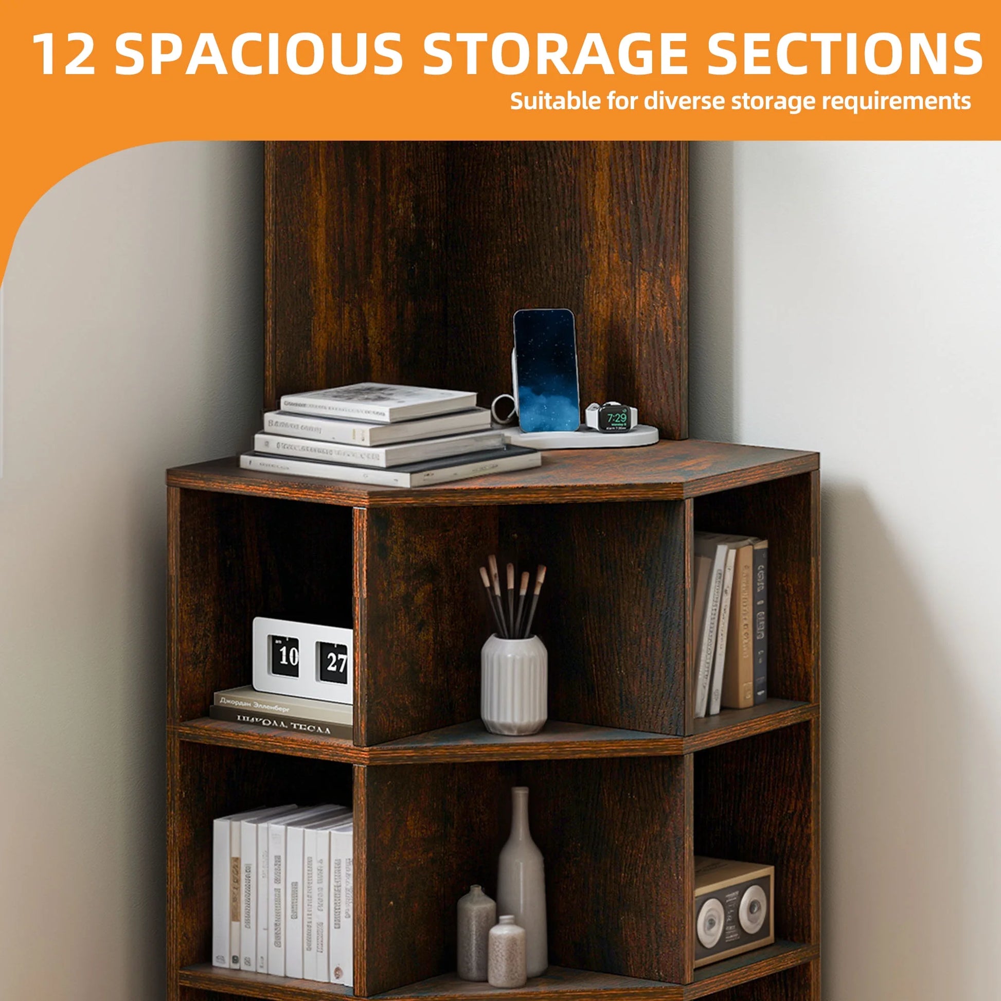 5-Tier Corner Shelf with 9 Cube, Wooden Display Bookcases Bookshelf with USB Ports, Brown