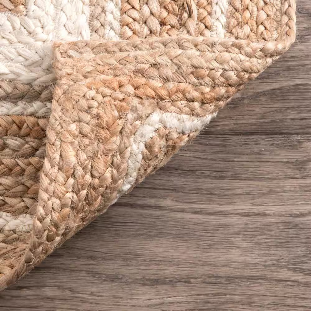 Rikki Braided Border Jute Off-White 8 Ft. Farmhouse round Living Room/Bedroom/Dining Room Area Rug