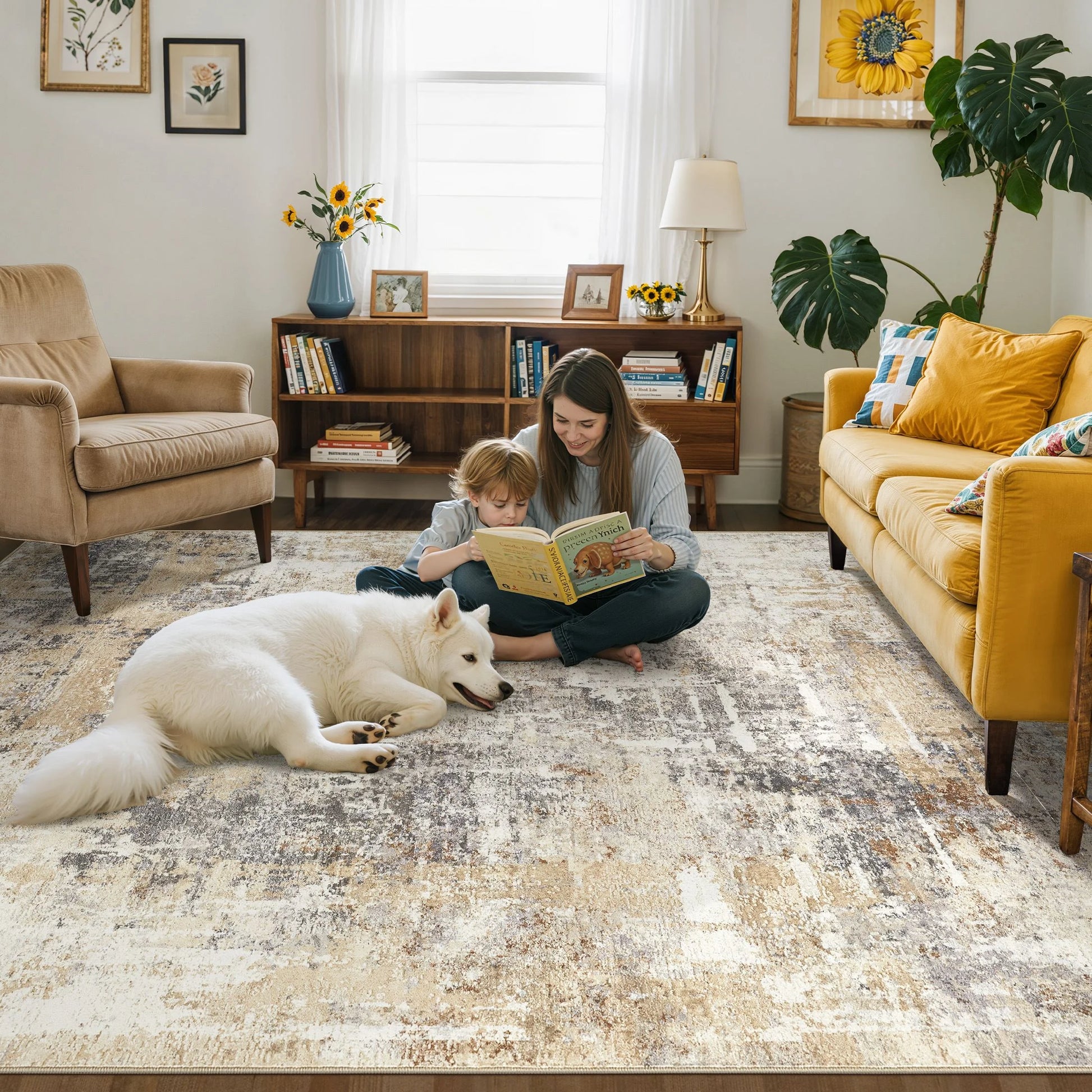 8'X10' Washable Area Rugs for Living Room, Modern Abstract Printed Carpet, Non Slip Indoor Rug for Bedroom Home Decor Carpets, Grey Gold