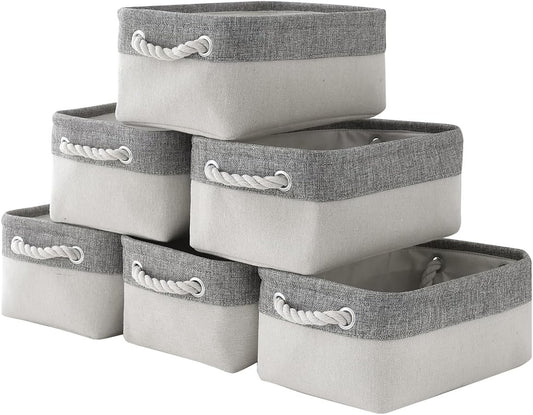 Basket for Organizing Cube Stgorage Bin - Small 6 Pack Fabric Storage Cubes Collapsible Baskets for Shelves with Rope, Bins for Organization Closet Cloth Toy Laundry Canvas (Grey&White 12X8X5.2 Inch)
