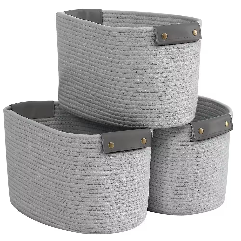Cotton Gray Fabric Rope Storage Baskets (3-Pack)