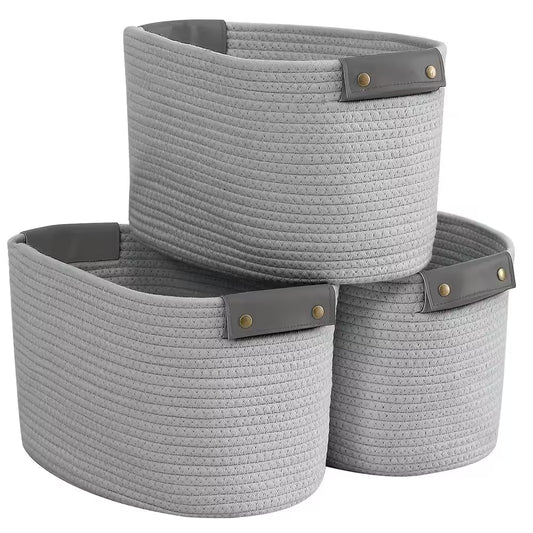 Cotton Gray Fabric Rope Storage Baskets (3-Pack)